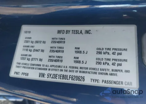 2020 Tesla Model 3 Long Range z USA, uszkodzony, nr VIN 5YJ3E1EB0LF620626